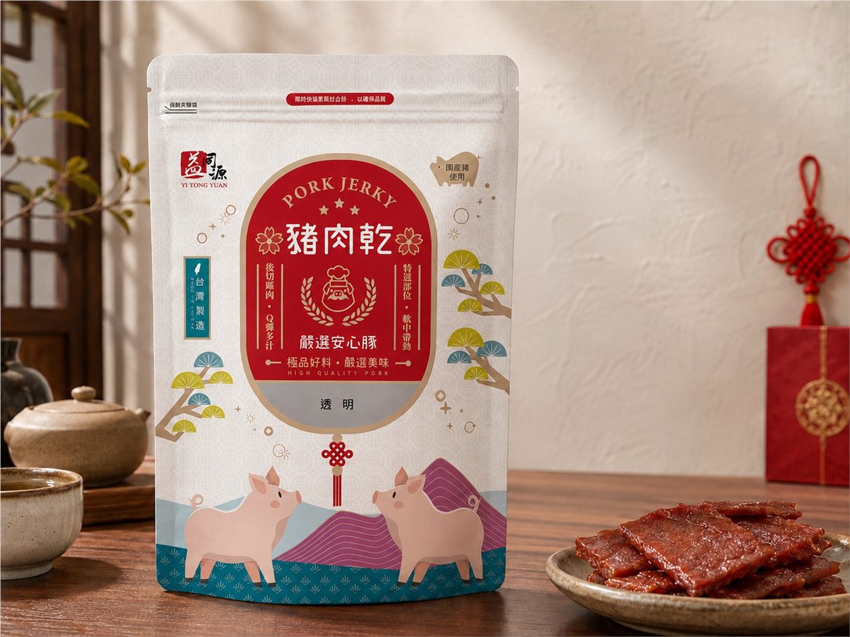 豬肉乾包裝，暖色調食品包裝與產品情境
